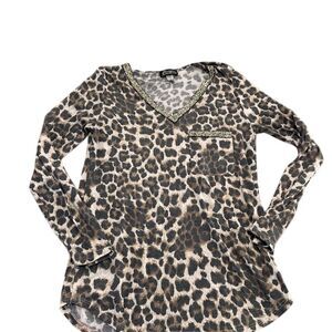 Women's M Multicolor Leopard Sequin Long Sleeve V-Neck Blouse